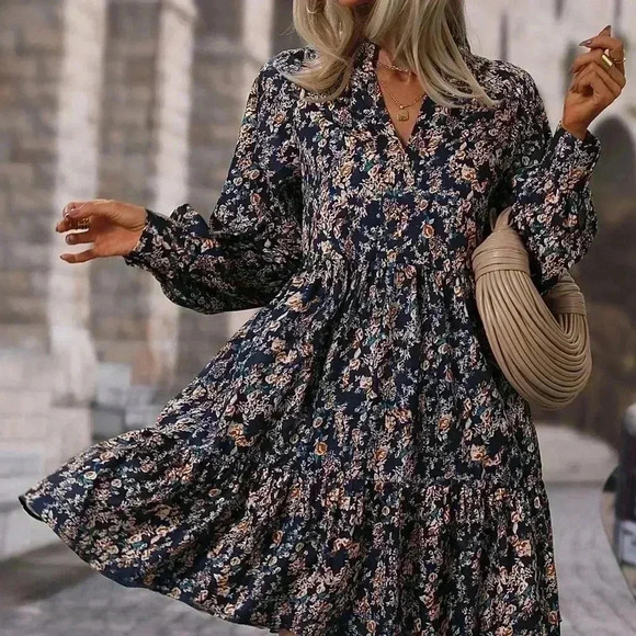 Dresses & Skirts - Multicolor Boho Women's Allover Floral Print Bishop Sleeve Ruffle Hem Dress